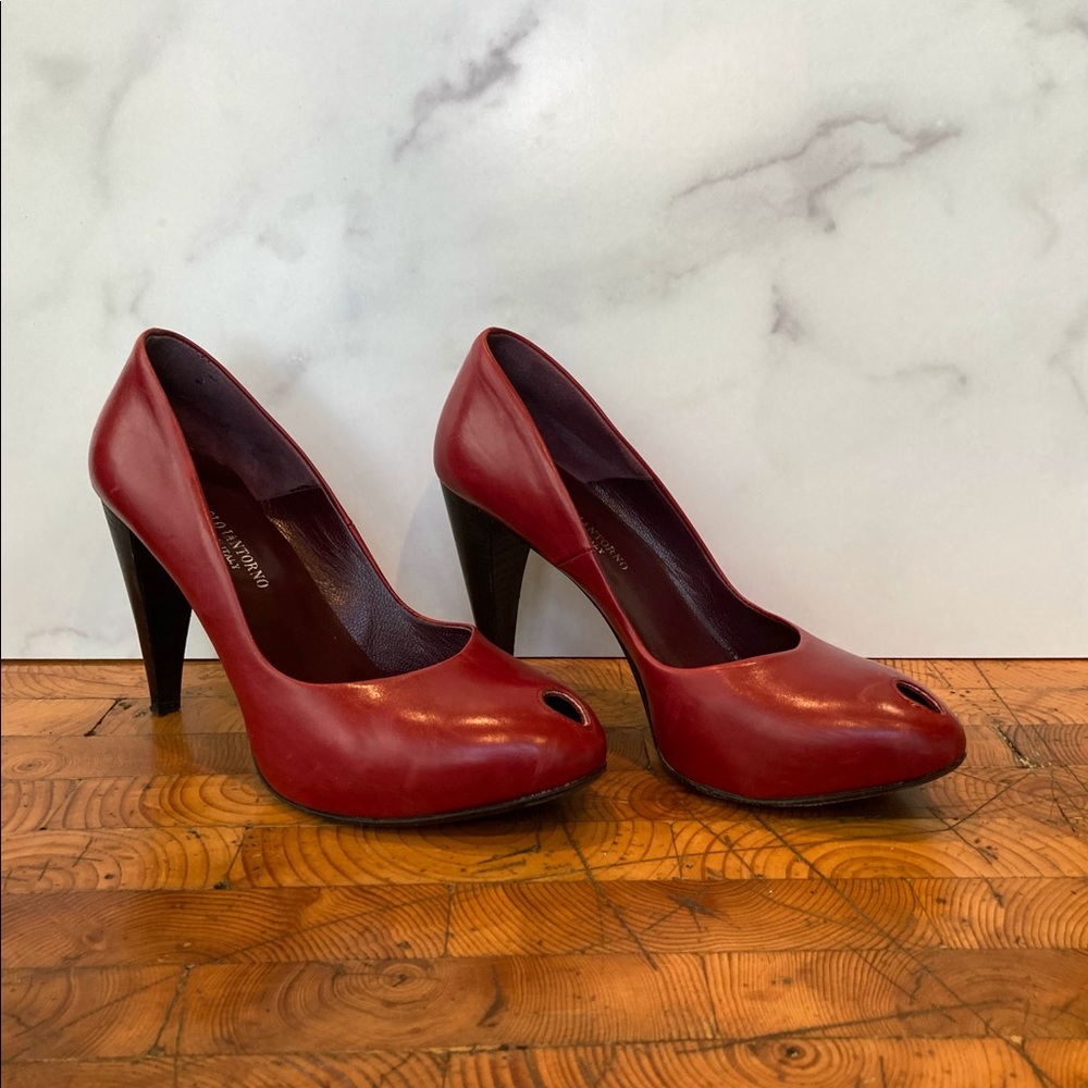 Paolo Red Leather Peep Toe Pumps Heels 38 8